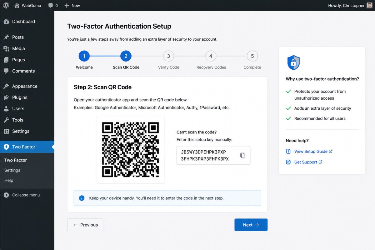 WordPress Two-Factor Authentication: Complete Setup Guide (2026) 2 Two Factor Authentication Setup Dashboard