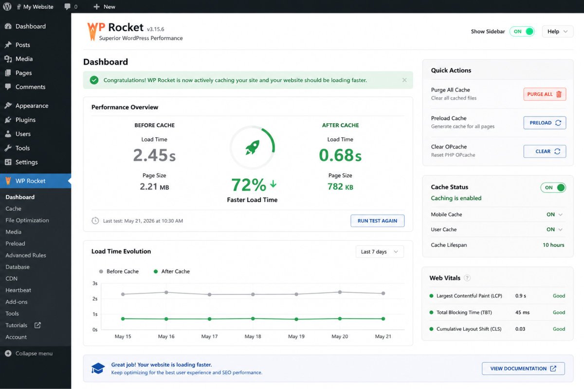 The Ultimate WordPress Speed Optimization Guide (2026) 2 WP Rocket Cache Performance Dashboard