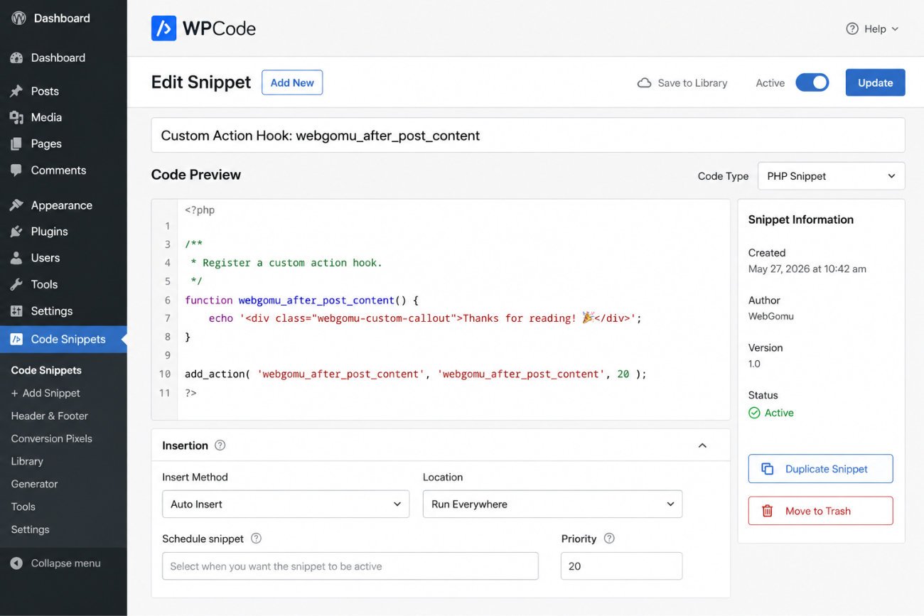 WPCode PHP Snippet Editor Dashboard