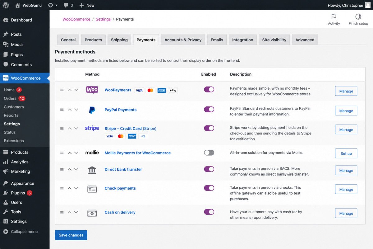 WooCommerce Payment Gateways: Setup & Comparison (2026) 2 WooCommerce Payment Methods Dashboard