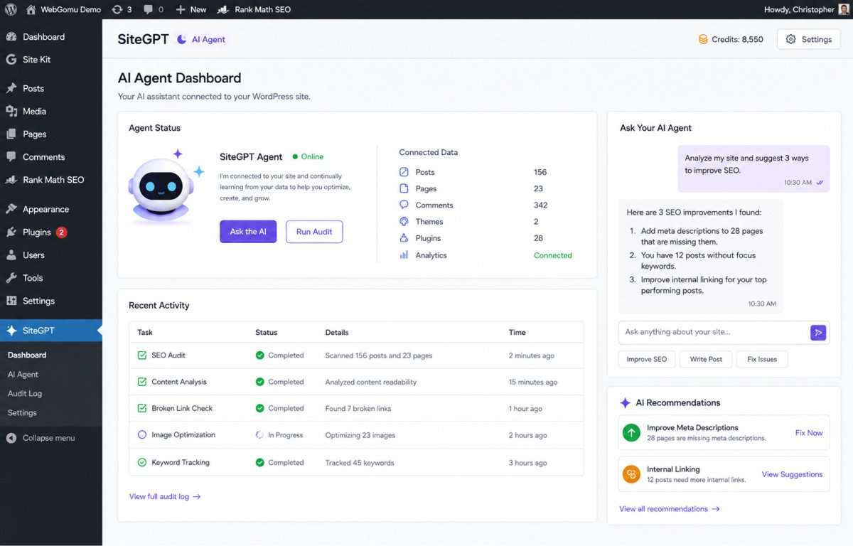 AI for WordPress: The Complete 2026 Guide 2 WordPress plugin dashboard showing an AI agent connected to site data with a task or audit log visible