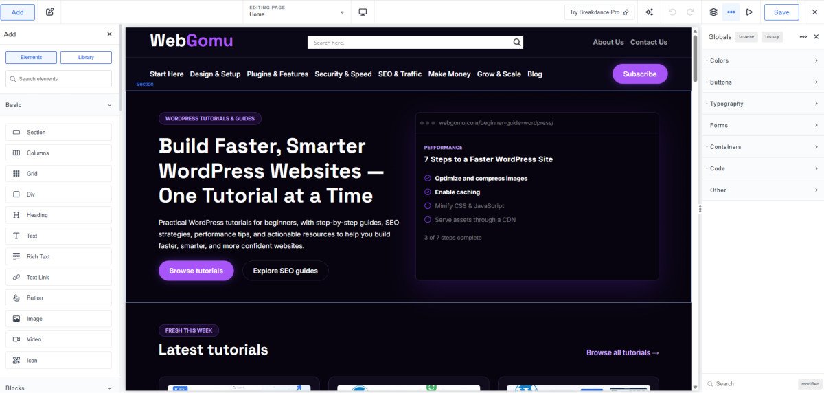 breakdance editor dashboard